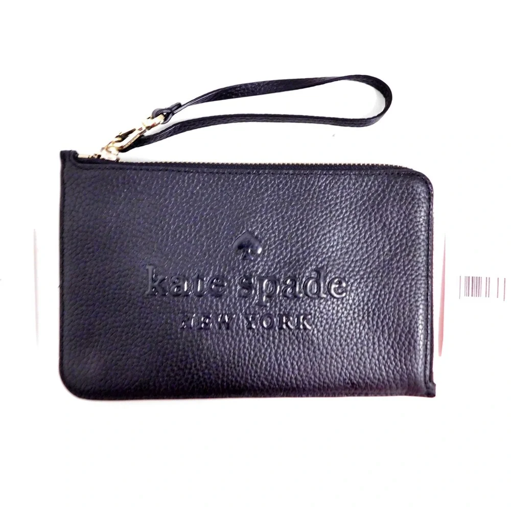 NEW KATE SPADE‎ SIENNE LOGO BLACK LEATHER MED ZIPPER CLUTCH POUCH WRISTLET NWT